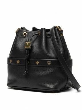 MCM Vintage Black Pebbled Leather Drawstring Shoulder Bag with Gold Hardware